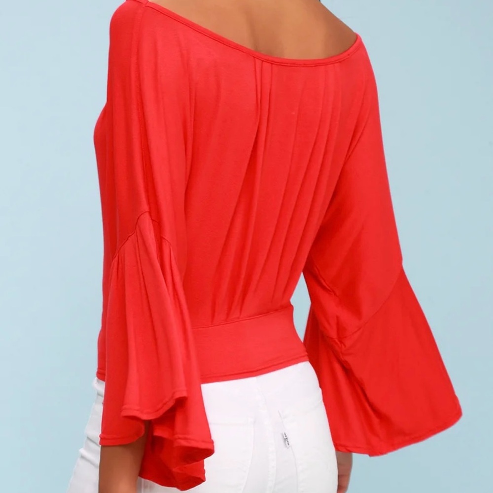 Free People Last Time Red Surplice Bell Sleeve Crop Top Size Medium - Picture 2 of 8
